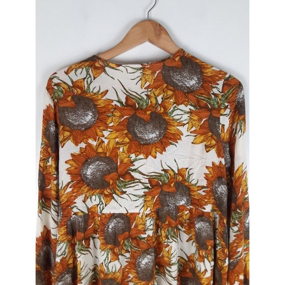 Umgee Cream & Orange Sunflower Floral Print Long Flare Sleeve Top Lace Neck L - Picture 5 of 8